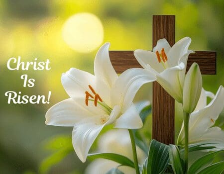 White Easter lilies with wooden cross